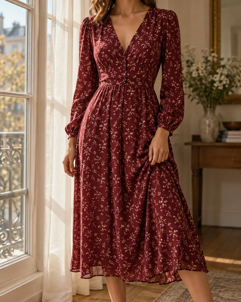 Donna con abito midi bordeaux a piccoli fiori vicino a una finestra