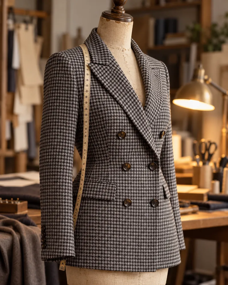 Blazer doppiopetto pied-de-poule grigio su un manichino da sarta