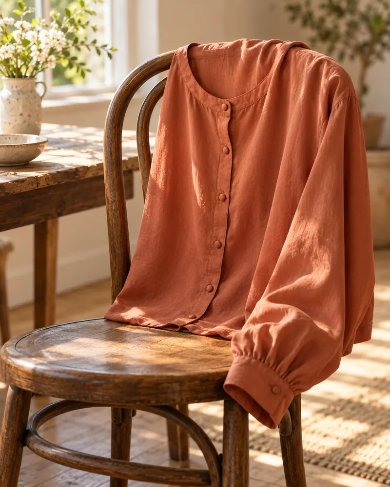 Blusa in seta terracotta appoggiata su una sedia in legno curvato