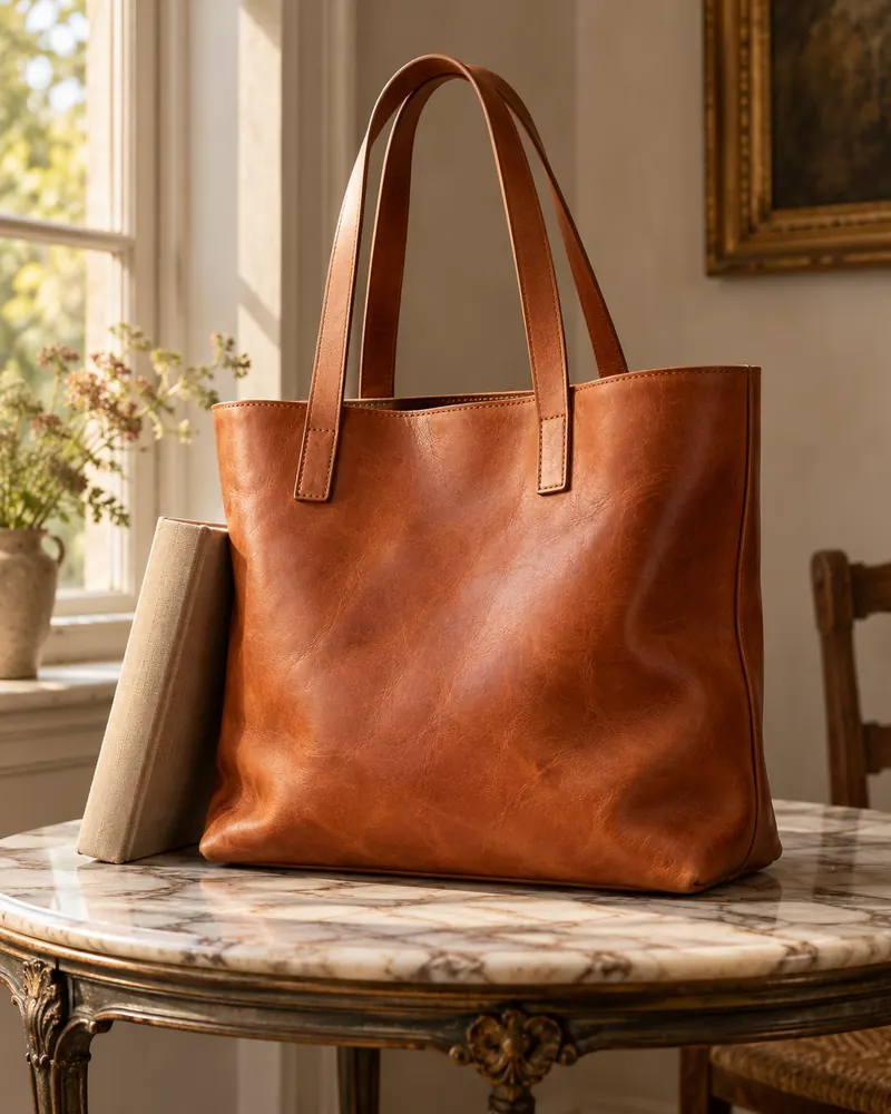 Borsa shopper in cuoio cognac su un tavolino di marmo
