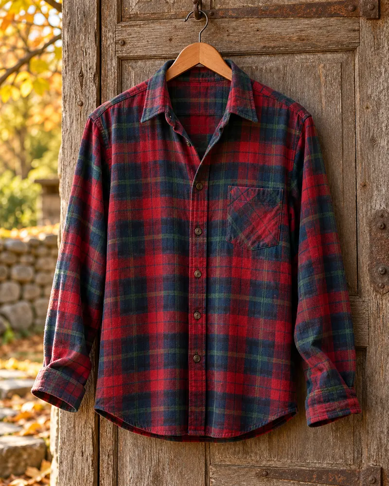 Camicia in flanella a quadri rossi e verdi appesa a una porta di legno