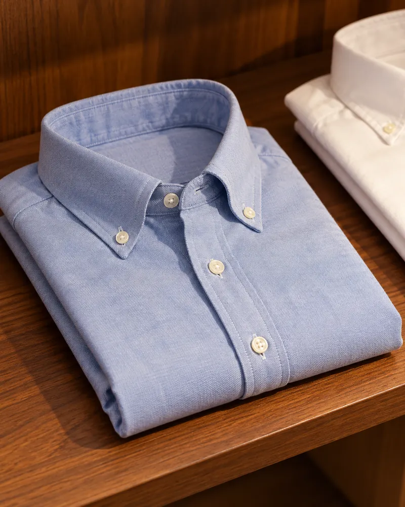 Camicia oxford azzurra piegata su una mensola di noce