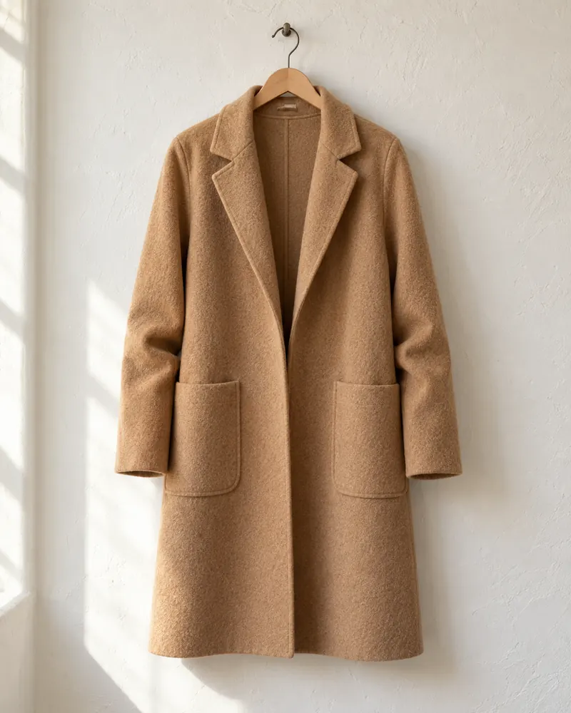 Cappotto Bruma cammello in lana cotta appeso a una gruccia di legno