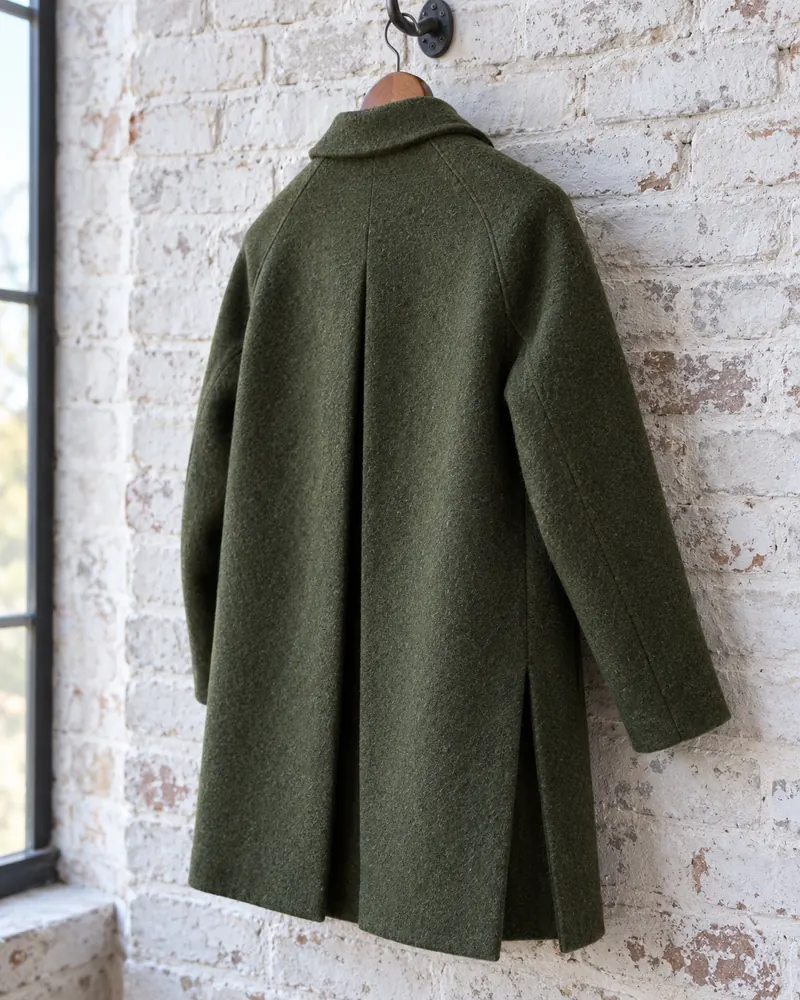 Cappotto loden verde con piega dietro appeso a un muro di mattoni bianchi