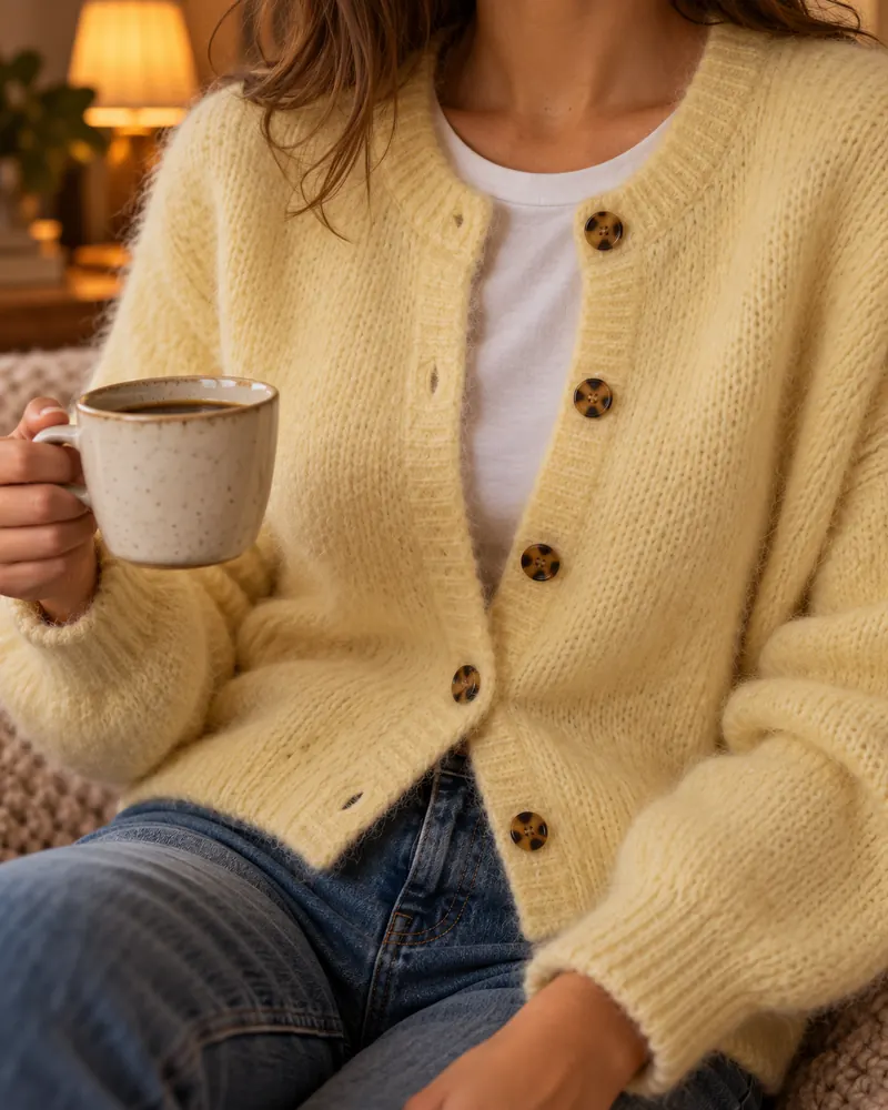 Donna con cardigan in mohair giallo burro e tazza di caffè