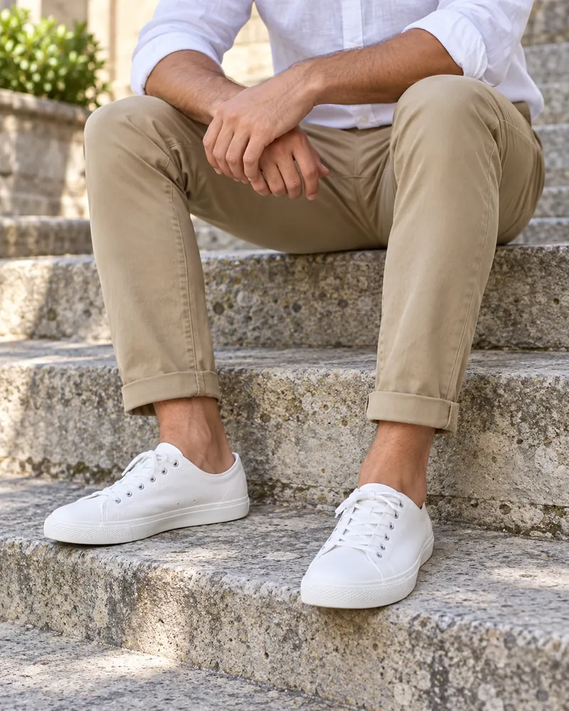 Uomo seduto sui gradini con chino kaki con risvolto e sneaker bianche