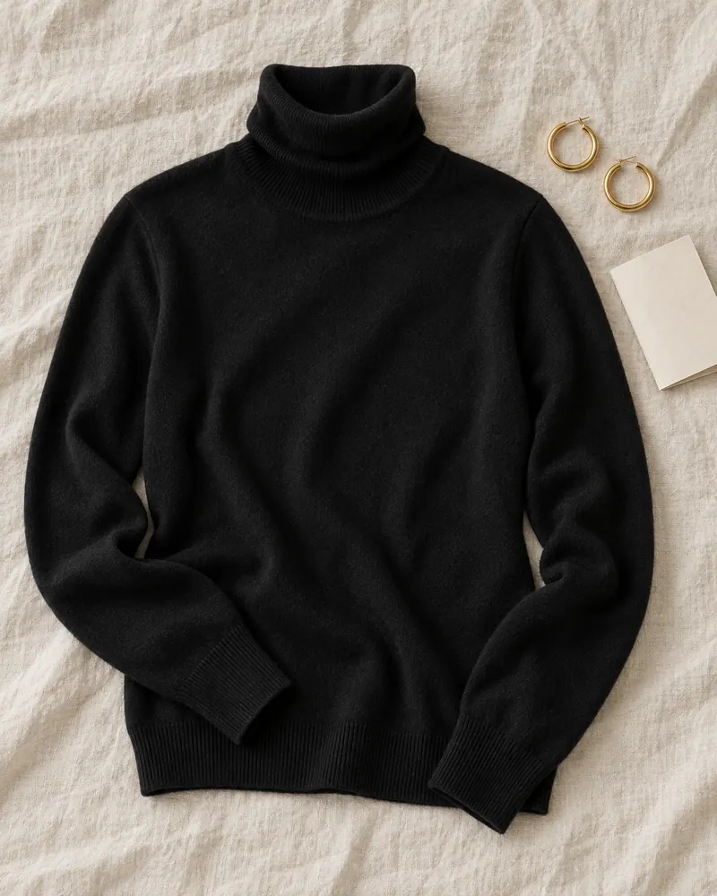 Dolcevita nero in cashmere e seta steso su un lenzuolo di lino