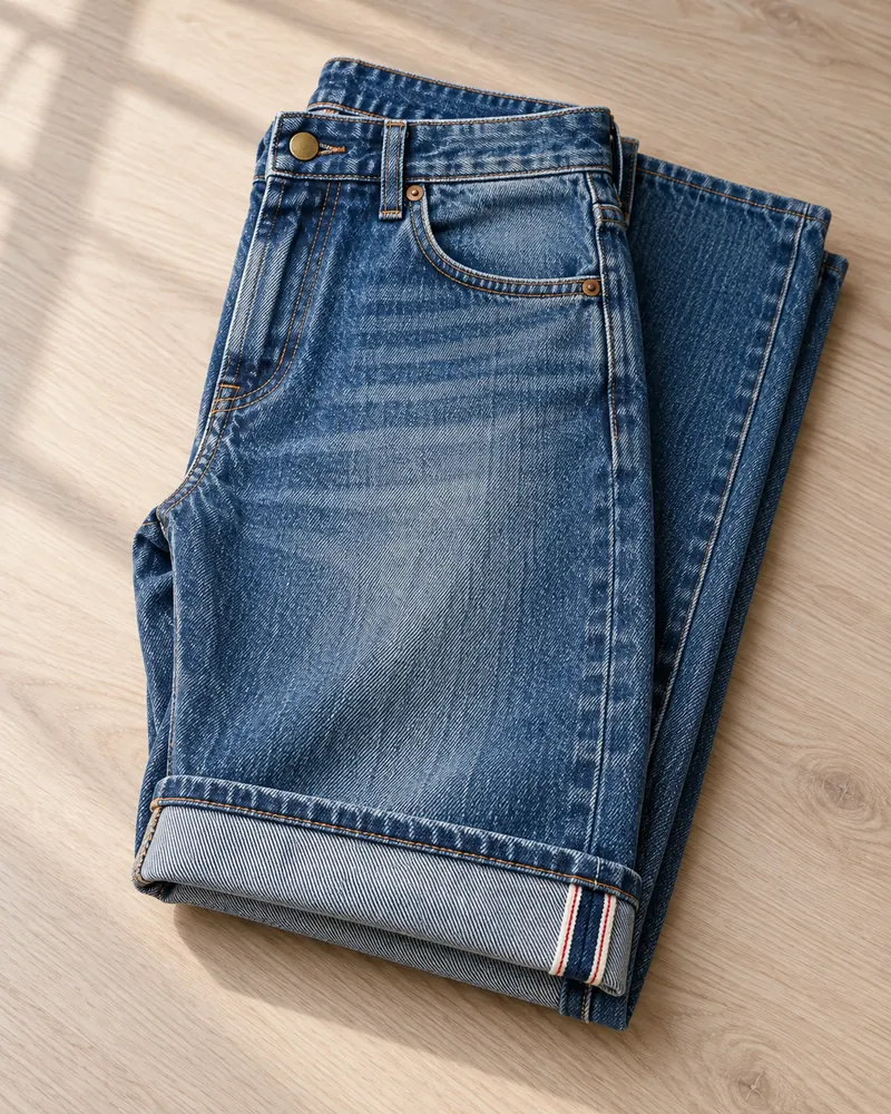 Jeans dritto lavaggio medio piegato con il risvolto che mostra la cimosa