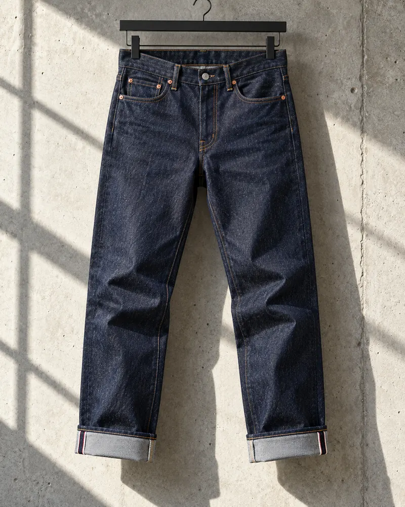 Jeans selvedge indaco crudo appesi con il doppio risvolto e la cimosa in vista