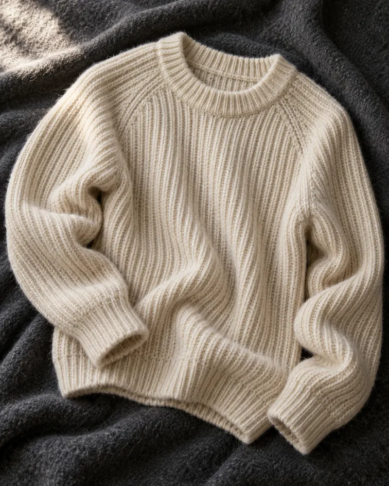 Maglione écru a coste inglesi su una coperta grigia