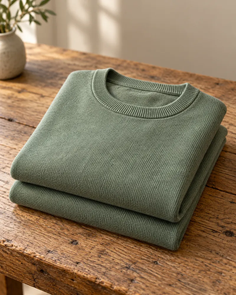 Due maglioni girocollo in merino salvia piegati su un tavolo di rovere
