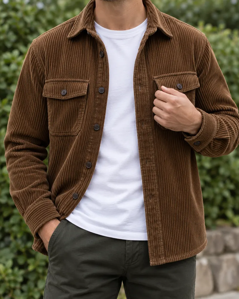 Uomo con overshirt in velluto tabacco sopra una t-shirt bianca