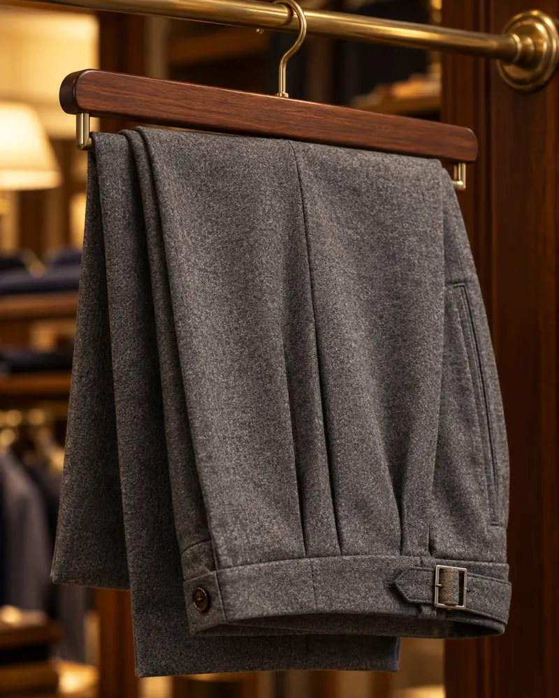 Pantalone grigio in flanella con pinces piegato su una gruccia in legno