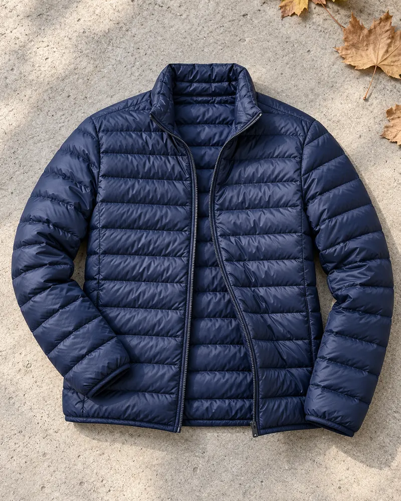 Piumino leggero trapuntato blu navy steso a terra