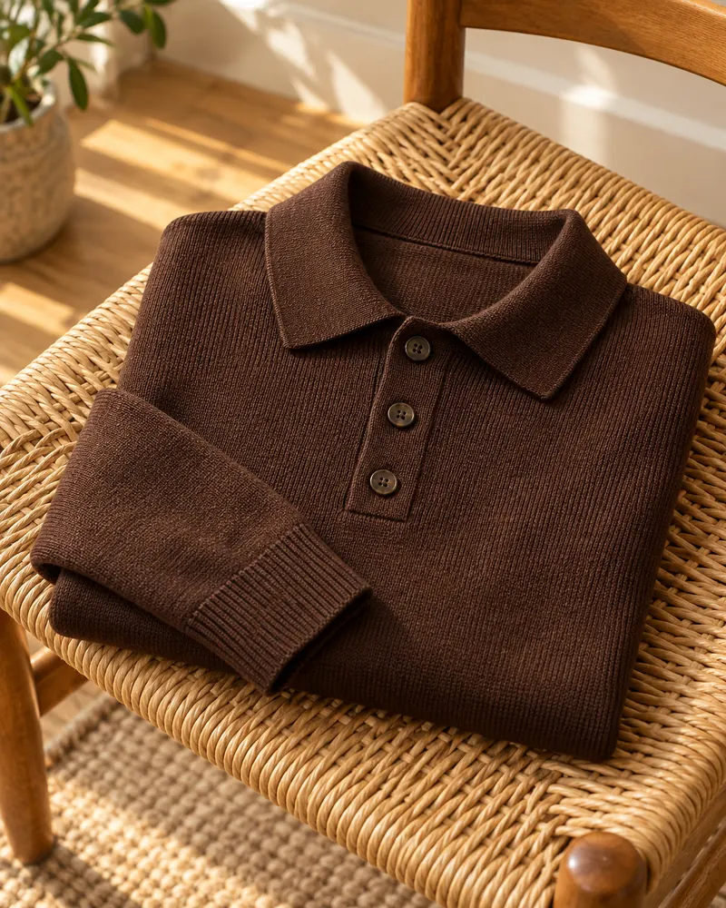 Polo in maglia color cioccolato piegata su una sedia impagliata
