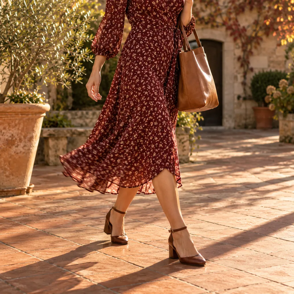 Donna con abito midi bordeaux e borsa in cuoio in un cortile