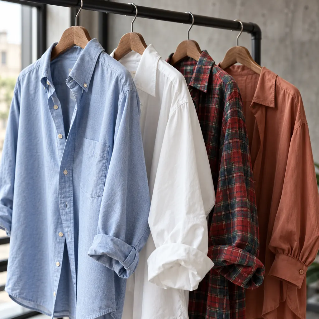 Camicie oxford, popeline, flanella e seta appese a una stender