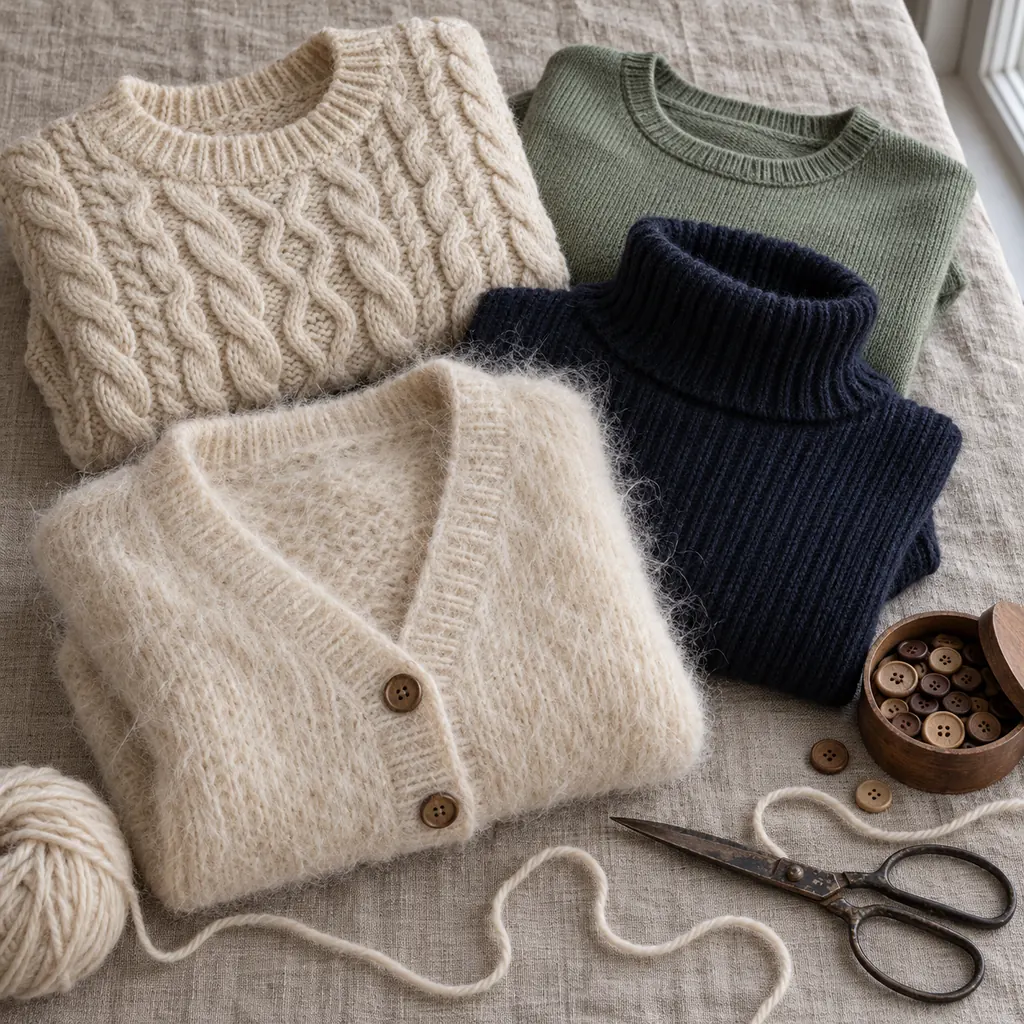 Maglioni piegati su una tovaglia di lino: trecce, merino e mohair