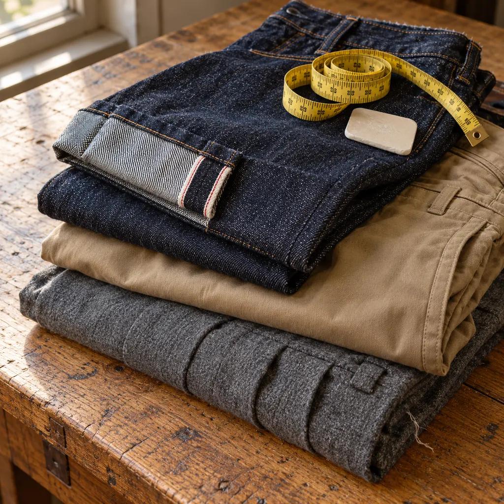 Jeans cimosa, chino e pantaloni in flanella piegati su un tavolo di rovere