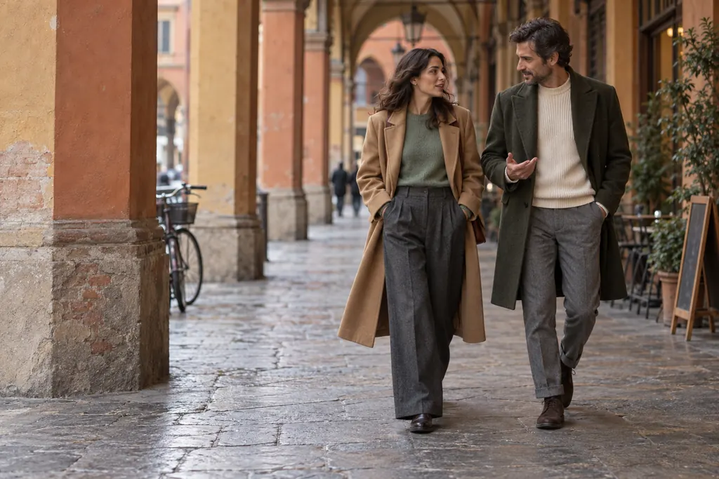 Una coppia passeggia sotto i portici di Bologna con cappotto cammello e loden verde
