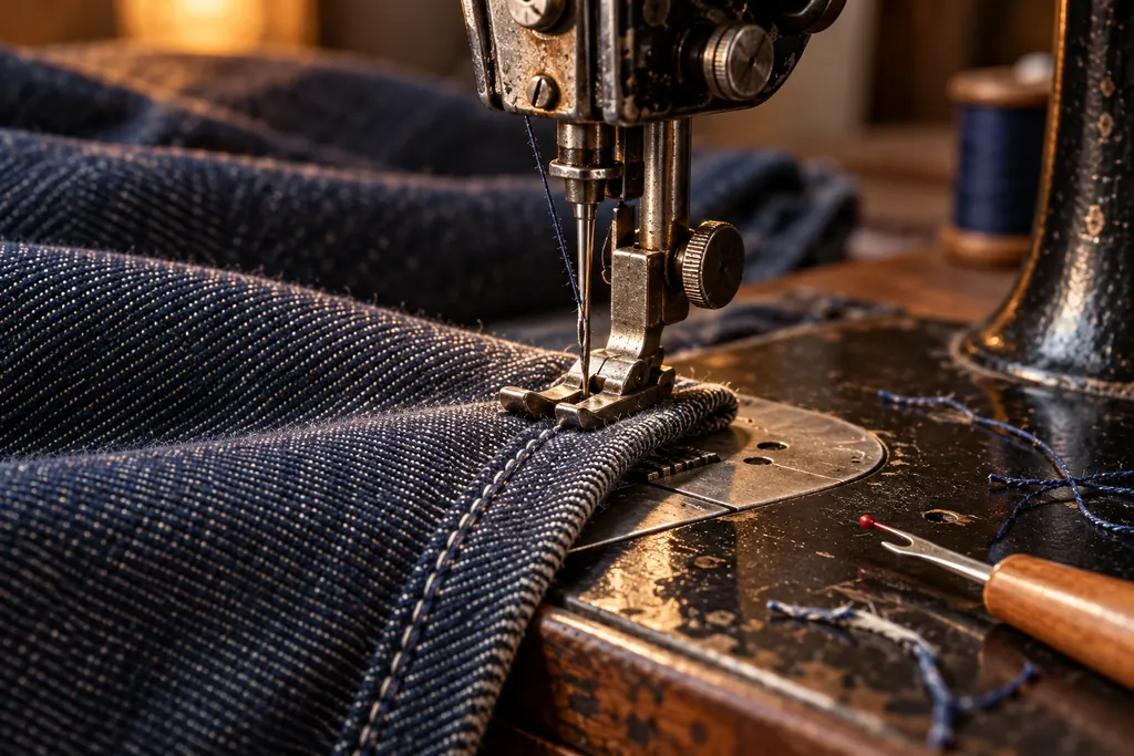 Primo piano dell’ago di una macchina da cucire industriale su un orlo di denim