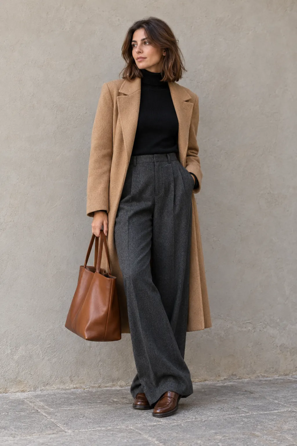Donna con cappotto cammello, dolcevita nero, pantalone palazzo antracite e borsa in cuoio