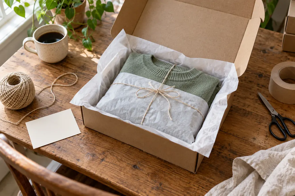 Un maglione salvia avvolto in carta velina dentro una scatola di cartone