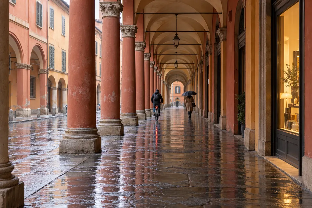 Il portico di via Santo Stefano bagnato dalla pioggia