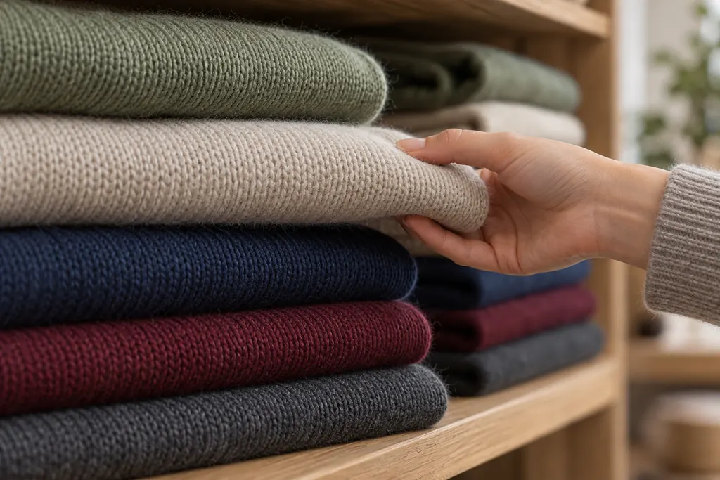 Maglioni in merino e cashmere impilati per colore su uno scaffale di legno