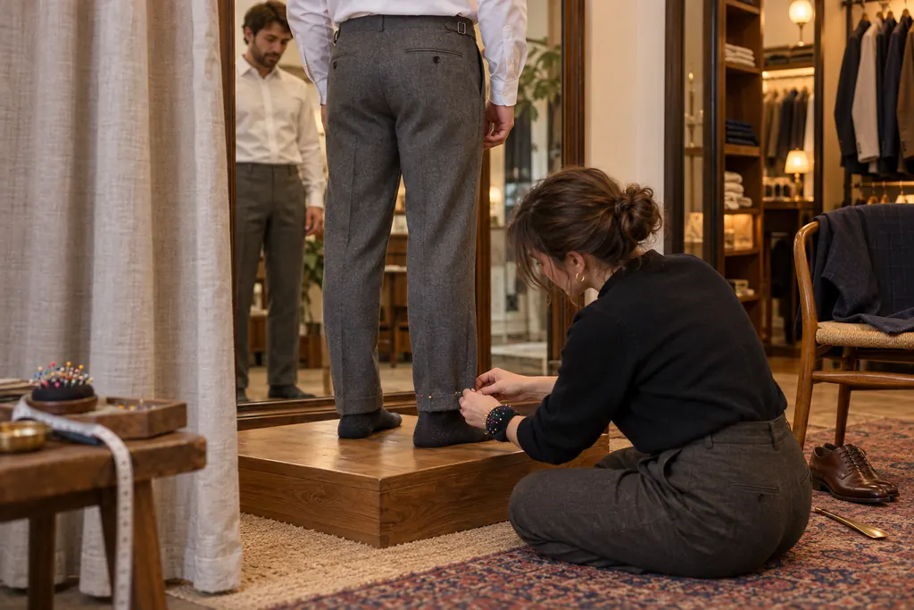 Paola Gherardi appunta con gli spilli l’orlo dei pantaloni di un cliente davanti allo specchio