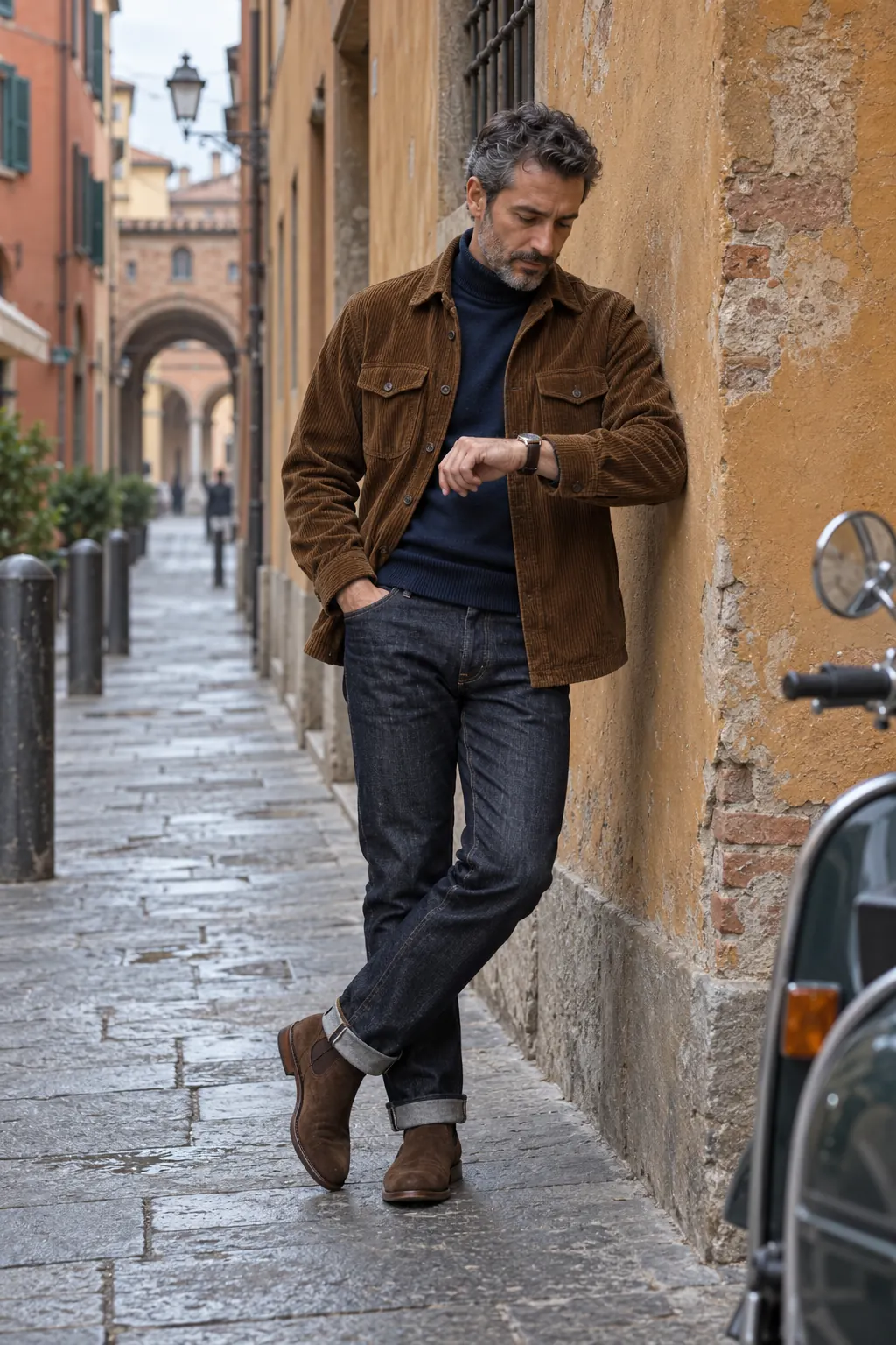 Uomo con overshirt in velluto e jeans con risvolto in una via di Bologna