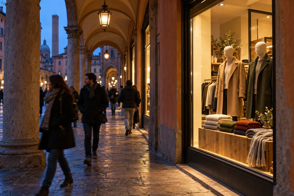 La vetrina illuminata del negozio Risvoita sotto un portico di Bologna al tramonto